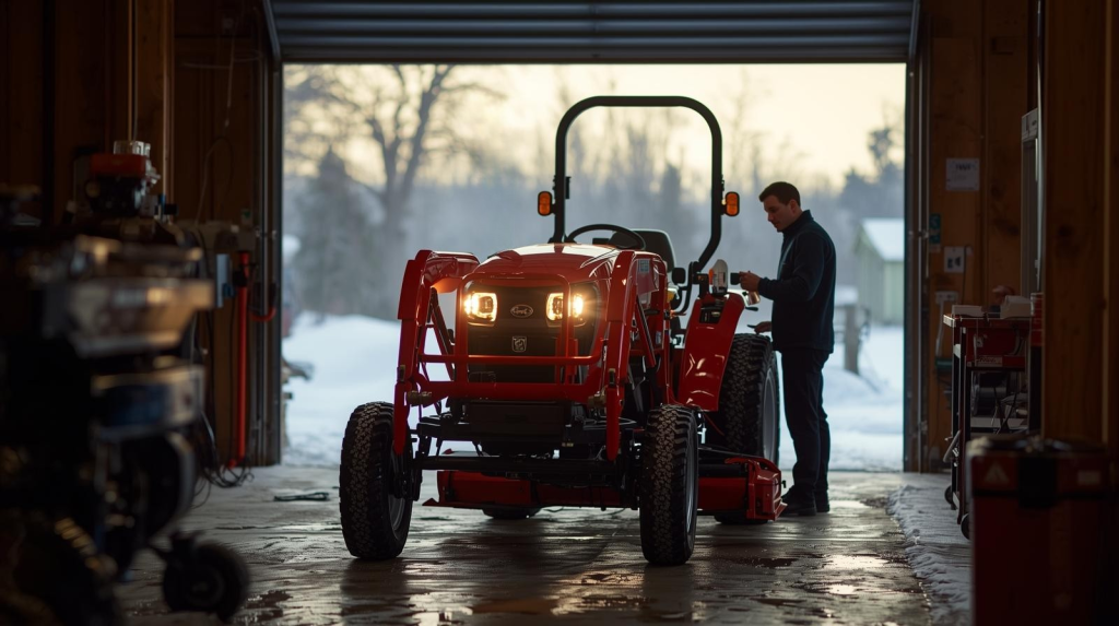 A compact tractor is parked inside a shed, barn, or covered storage area during winter