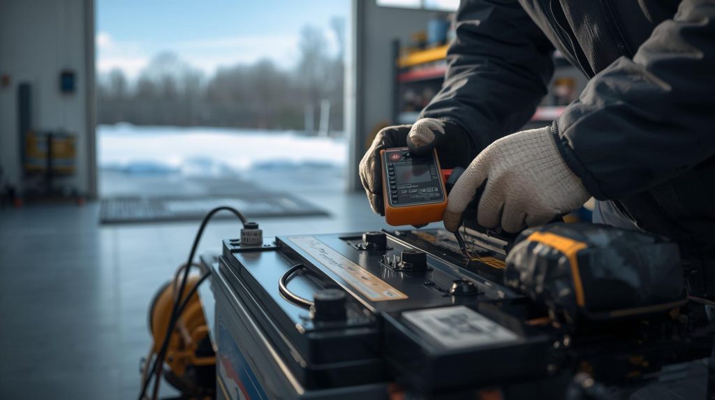 A technician in a winter work jacket is inspecting and testing a battery on a lawn tractor inside a service bay
