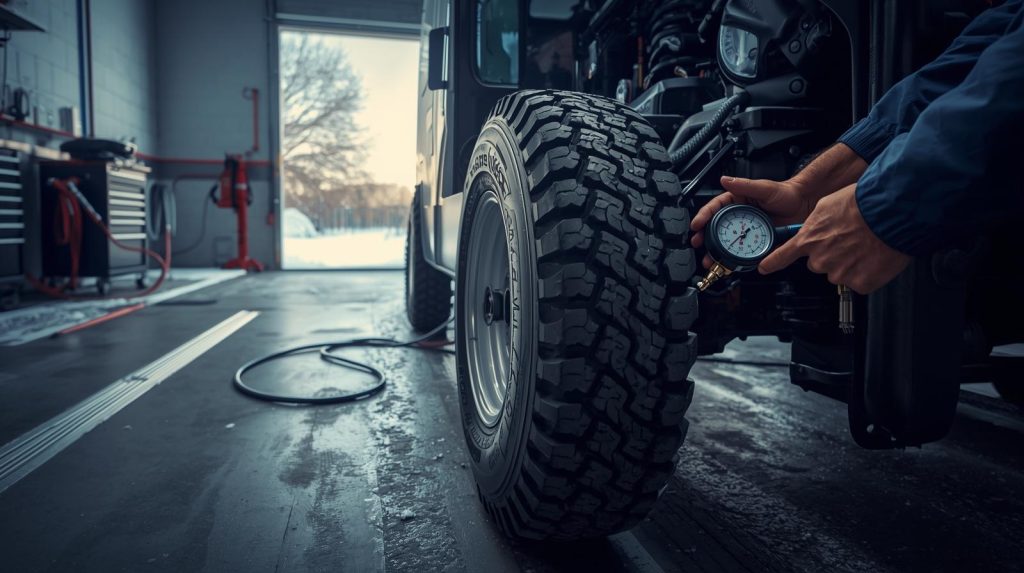 A technician is inspecting and servicing tires and tracks on winter-ready lawn tractor inside a service bay