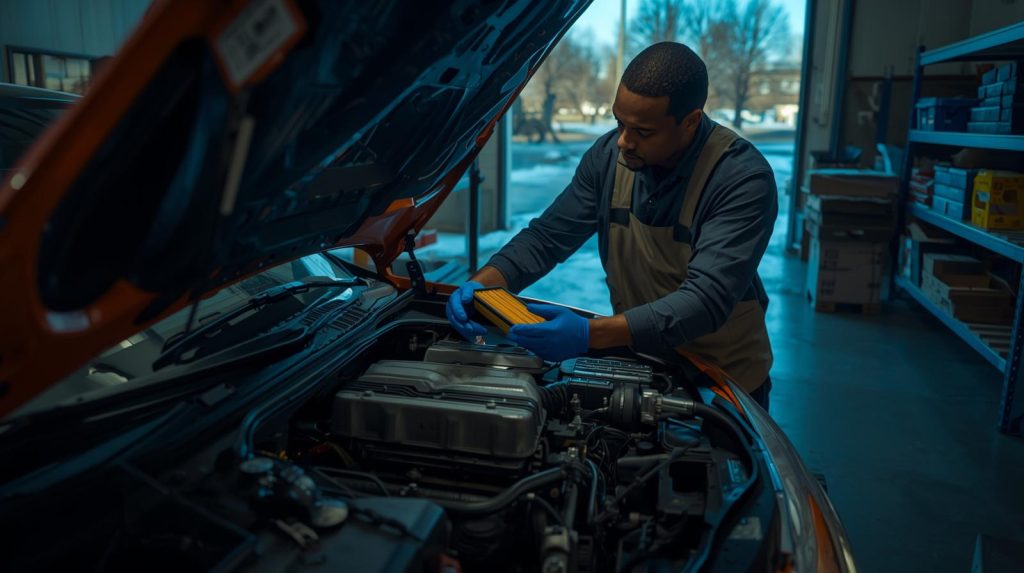A technician is performing routine engine maintenance on power equipment inside a service bay
